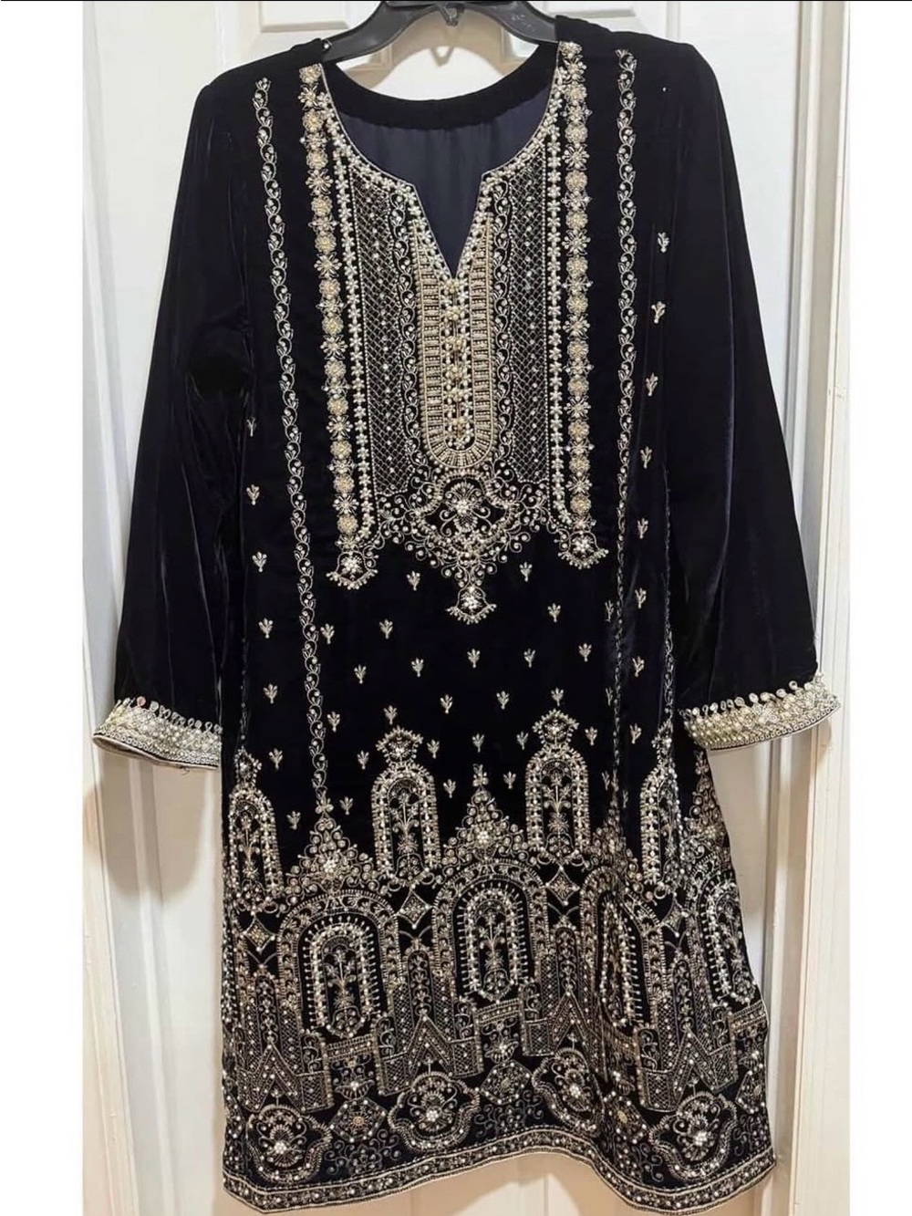 Embroidered Black Velvet Tunic Dress with Silver Beading